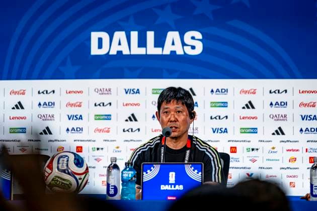 DALLAS Japan national team coach Hajime Moriyasu during the 2026 World Cup, Japan press conference and pitch check at AT T Stadium on June 13, 2026, in Dallas, United States Photo by Stefan Koops EYE4IMAGES DeFodi Images