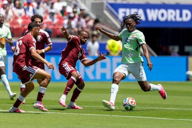 SANTA CLARA, CA - JUNE 13: Johan Manzambi 9 of Switzerland shoots during the second half of the FIFA World Cup, WM, Weltmeisterschaft, Fussball 2026 Group B match between Qatar and Switzerland on June 13, 2026 at the San Francisco Bay Area Stadium in Santa Clara, CA. (Photo by Bob Kupbens Icon Sportswire) SOCCER: JUN 13 FIFA World Cup 26 Group B - Qatar vs Switzerland EDITORIAL USE ONLY Icon260613026