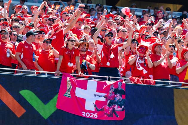 SANTA CLARA, CA - JUNE 13: Switzerland fans cheer during the FIFA World Cup, WM, Weltmeisterschaft, Fussball 2026 Group B match between Qatar and Switzerland on June 13, 2026 at San Francisco Bay Area Stadium in Santa Clara, CA. (Photo by Matthew Huang Icon Sportswire) SOCCER: JUN 13 FIFA World Cup 26 Group B - Qatar vs Switzerland EDITORIAL USE ONLY Icon260613023