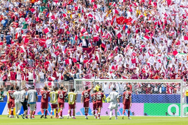 SANTA CLARA, CA - JUNE 13: Mahmud Abunada 1 of Qatar fans cheer after a tie in the FIFA World Cup, WM, Weltmeisterschaft, Fussball 2026 Group B match between Qatar and Switzerland on June 13, 2026 at San Francisco Bay Area Stadium in Santa Clara, CA. (Photo by Matthew Huang Icon Sportswire) SOCCER: JUN 13 FIFA World Cup 26 Group B - Qatar vs Switzerland EDITORIAL USE ONLY Icon260613031