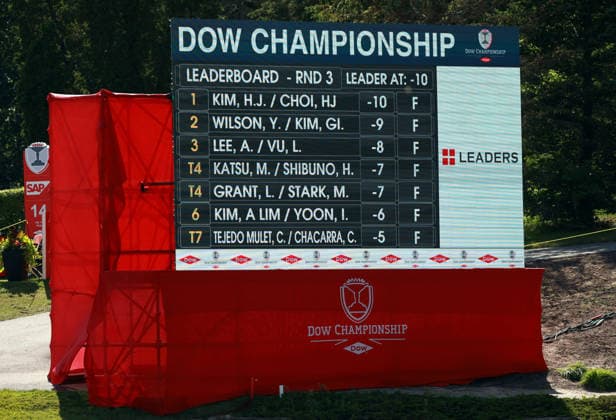Dow Championship Midland, MI - JUNE 13: The leaderboard at the 18th hole displays the final scores for the third round of the Dow Championship at Midland Country Club on June 13, 2026 in Midland, Michigan. Midland Michigan United States  Copyright: xAmyxLemusx originalFilename:lemus-dowchamp260613_npBMs.jpg