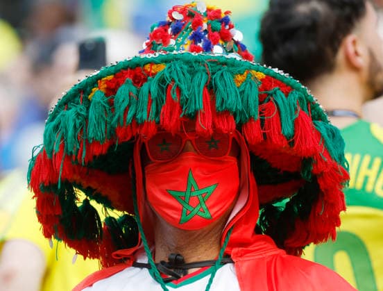 A fan of Morocco shows his support for his team before the start of a FIFA World Cup, WM, Weltmeisterschaft, Fussball match between Brazil and Morocco at MetLife Stadium in East Rutherford, New Jersey, on Saturday, June 13, 2026.  NYP20260613901 JOHNxANGELILLO
