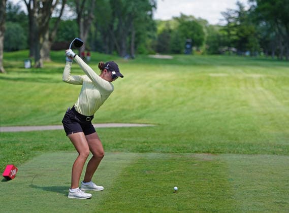 MIDLAND, MI - JUNE 13: LPGA, Golf Damen golfer Polly Mack plays her tee shot on the 10th hole on June 13, 2026, during the third round of the LPGA Dow Championship at Midland Country Club in Midland, Michigan. (Photo by Brian Spurlock Icon Sportswire) GOLF: JUN 13 LPGA Dow Championship EDITORIAL USE ONLY Icon26061315