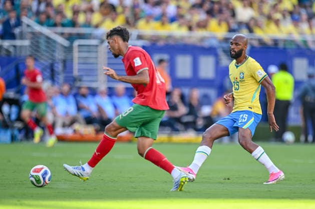 Chadi Riad Morocco and Thiago Brazil battle for the ball during the FIFA World Cup 2026 Group C match between Brazil and Morocco at New York New Jersey Stadium on June 13, 2026 in East Rutherford, United States Photo by Harry Langer DeFodi Images