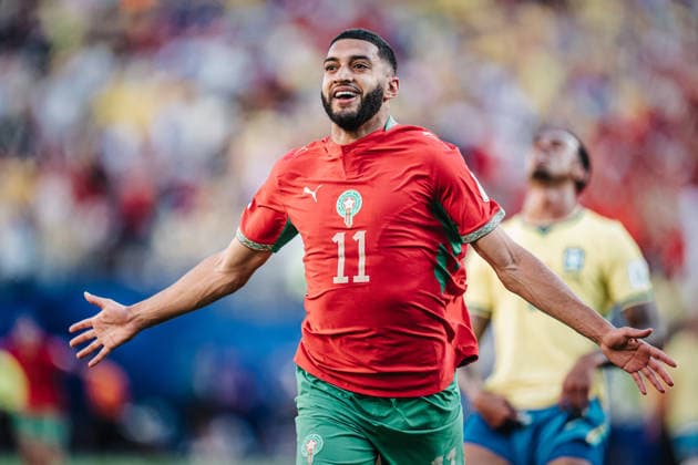Soccer Men FIFA World Cup 2026 Group C Brazil vs Morocco 13 06 2026 Ismael Saibari 11, Morocco scores a goal and cheers East Rutherford New York New Jersey Stadium New Jersey United States of America
