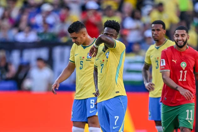 Casemiro Brazil and Vinicius Junior Brazil look dejected during the FIFA World Cup 2026 Group C match between Brazil and Morocco at New York New Jersey Stadium on June 13, 2026 in East Rutherford, United States Photo by Harry Langer DeFodi Images