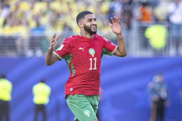 Ismael Saibari of Morocco celebrates after scoring team s first goal during the FIFA World Cup, WM, Weltmeisterschaft, Fussball 2026 Group C match between Brazil and Morocco at New York New Jersey Stadium on June 13th,2026 (Photo by Joao Bravo Sports Press Photo)  Copyright: xJoaoxBravo SportsxPressxPhotox Sportspressphoto_SPR165795