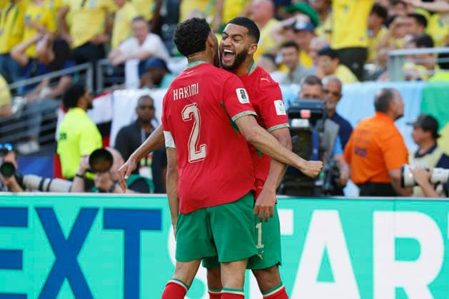 Brazil v Morocco: Group C - FIFA World Cup, WM, Weltmeisterschaft, Fussball 2026 Achraf Hakimi and Ismael Saibari of Morocco celebrate 1st goal during the FIFA World Cup 2026 Group C match between Brazil and Morocco at New York New Jersey Stadium on June 13, 2026 in East Rutherford, United States. WARNING! This Photograph May Only Be Used For Newspaper And Or Magazine Editorial Purposes. May Not Be Used For Publications Involving 1 player, 1 Club Or 1 Competition Without Written Authorisation From Football DataCo Ltd. For Any Queries, Please Contact Football DataCo Ltd on +44 (0) 207 864 9121 East Rutherford New York New Jersey Stadium NJ United States Copyright: xAllstarxPicturexLibraryxLtdx