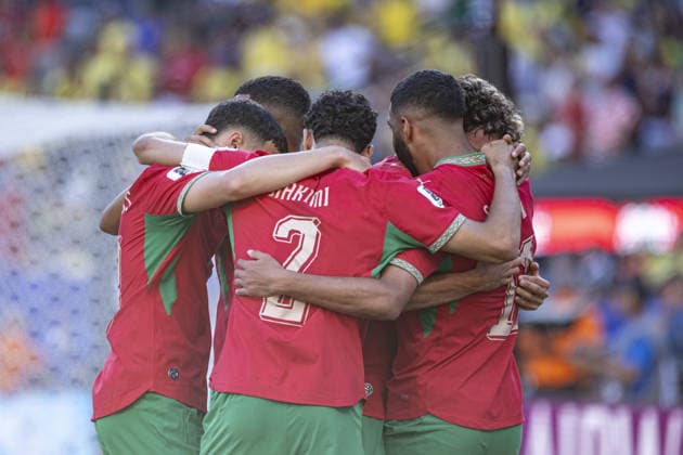 Ismael Saibari of Morocco celebrates with Achraf Hakimi of Morocco after scoring team s first goal during the FIFA World Cup, WM, Weltmeisterschaft, Fussball 2026 Group C match between Brazil and Morocco at New York New Jersey Stadium on June 13th,2026 (Photo by Joao Bravo Sports Press Photo)  Copyright: xJoaoxBravo SportsxPressxPhotox Sportspressphoto_SPR165798