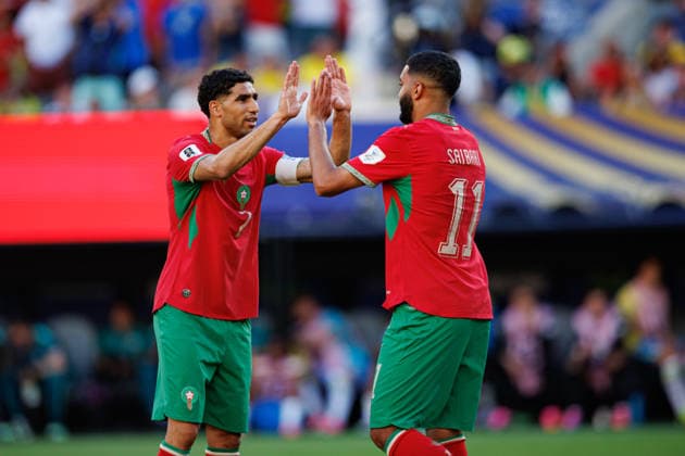 Achraf Hakimi and Ismael Saibari seen celebrating after scoring goal during FIFA World Cup, WM, Weltmeisterschaft, Fussball 2026 game between national teams of Brazil and Morocco (Grzegorz Wajda Ball Raw Images) New Jersey MetLife Stadium USA Copyright: xGrzegorzxWajdax grzegorzwajda_brazil_morocco_2526-11