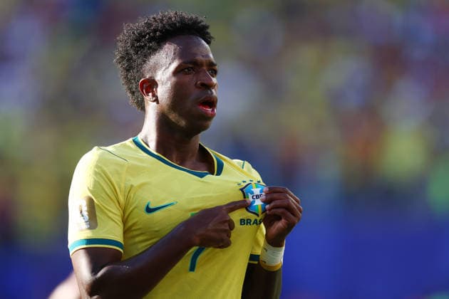 New Jersey, USA, 13th June 2026. Vinicius Junior of Brazil celebrates after scoring to make it 1-1 during the Brazil vs Morocco FIFA World Cup, WM, Weltmeisterschaft, Fussball match at Metlife Stadium, New Jersey. Picture credit should read: Paul Terry Sportimage EDITORIAL USE ONLY. No use with unauthorised audio, video, data, fixture lists, club league logos or live services. Online in-match use limited to 120 images, no video emulation. No use in betting, games or single club league player publications. SPI_049_PT_Brazil_Morocco SPI-4835-0049