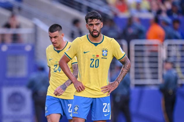 Ibanez Brazil and Lucas Paqueta Brazil look dejected during the FIFA World Cup 2026 Group C match between Brazil and Morocco at New York New Jersey Stadium on June 13, 2026 in East Rutherford, United States Photo by Harry Langer DeFodi Images
