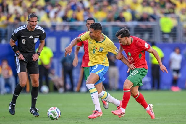 Casemiro Brazil and Brahim Diaz Morocco battle for the ball during the FIFA World Cup 2026 Group C match between Brazil and Morocco at New York New Jersey Stadium on June 13, 2026 in East Rutherford, United States Photo by Harry Langer DeFodi Images
