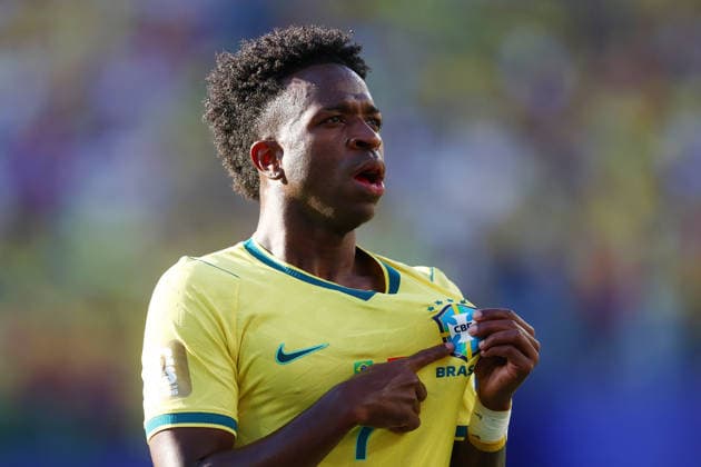 New Jersey, USA, 13th June 2026. Vinicius Junior of Brazil celebrates after scoring to make it 1-1 during the Brazil vs Morocco FIFA World Cup, WM, Weltmeisterschaft, Fussball match at Metlife Stadium, New Jersey. Picture credit should read: Paul Terry Sportimage EDITORIAL USE ONLY. No use with unauthorised audio, video, data, fixture lists, club league logos or live services. Online in-match use limited to 120 images, no video emulation. No use in betting, games or single club league player publications. SPI_050_PT_Brazil_Morocco SPI-4835-0050