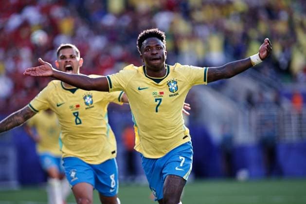 RECORD DATE NOT STATED Brasil x Marrocos New Jersey (NY), 13.06.2026 - World Cup 2026 - Brazil vs Morocco - Vinicius Junior celebrates the goal in the match between Brazil vs Morocco valid for the group stage of the 2026 World Cup at MetLife Stadium in New York on Saturday night (13). IMAGO Karen Fontes Nova Jersey Copyright: xKarenxFontesx