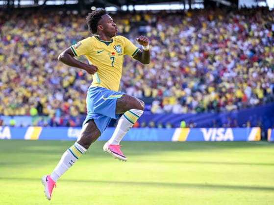 Vinicius Junior Brazil celebrates after scoring his team s first goal during the FIFA World Cup 2026 Group C match between Brazil and Morocco at New York New Jersey Stadium on June 13, 2026 in East Rutherford, United States Photo by Harry Langer DeFodi Images