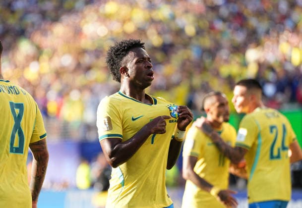 Vinicius Junior Brazil scores and celebrates his teams first goal during Brazil and Morocco, Group C FIFA World Cup 2026, Met Life Stadium, New jersey, USA on June 14, 2026 Thor Wegner DeFodi Images Photo by DeFodi Images