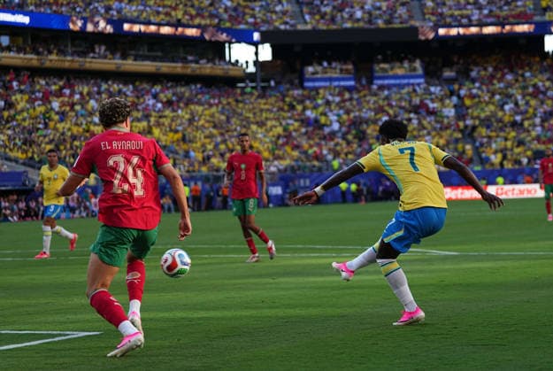 Vinicius Junior Brazil scores and celebrates his teams first goal during Brazil and Morocco, Group C FIFA World Cup 2026, Met Life Stadium, New jersey, USA on June 14, 2026 Thor Wegner DeFodi Images Photo by DeFodi Images