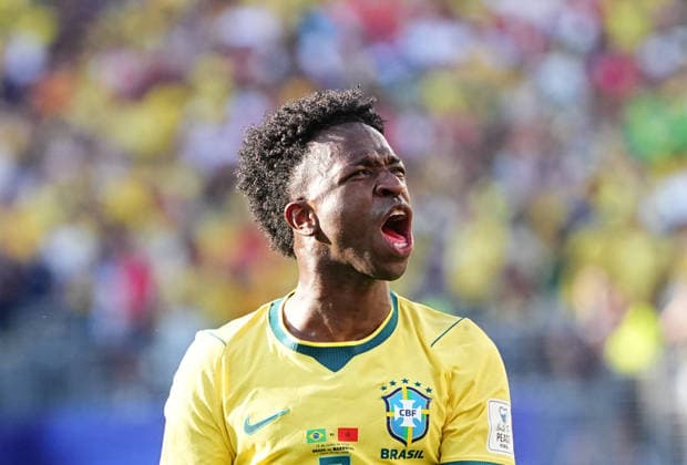 Vinicius Junior Brazil scores and celebrates his teams first goal during Brazil and Morocco, Group C FIFA World Cup 2026, Met Life Stadium, New jersey, USA on June 14, 2026 Thor Wegner DeFodi Images Photo by DeFodi Images