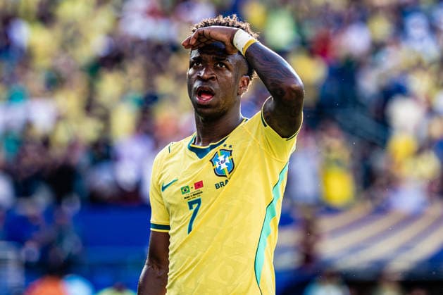 Brazil vs. Morocco NOVA JERSEY, NJ - 13.06.2026: BRAZIL VS. MOROCCO - Vinicius Junior celebrates his goal during the match between Brazil and Morocco, valid for the group stage of the 2026 FIFA World Cup, WM, Weltmeisterschaft, Fussball held at MetLife Stadium, in East Rutherford, New Jersey, United States, this Saturday (13). (Photo: Danilo Fernandes Fotoarena) x2961214x  DaniloxFernandes