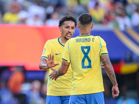 Marquinhos Brazil and Bruno Guimaraes Brazil gestures during the FIFA World Cup 2026 Group C match between Brazil and Morocco at New York New Jersey Stadium on June 13, 2026 in East Rutherford, United States Photo by Harry Langer DeFodi Images