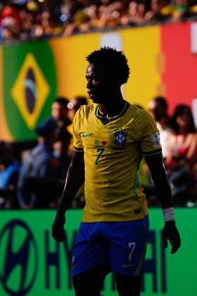 Brazil v Morocco: Group C - FIFA World Cup, WM, Weltmeisterschaft, Fussball 2026 Vinicius Junior of Brazil looks on during the FIFA World Cup 2026 Group C match between Brazil and Morocco at New York New Jersey Stadium on June 13, 2026 in East Rutherford, New Jersey. East Rutherford New Jersey United States  Copyright: xJosexBretonx originalFilename:bretonhernandez-brazilvm260613_nplTL.jpg