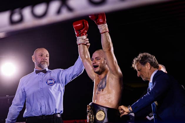 FLENSBURG, GERMANY - JUNE 13: Ferdinand Pilz (Germany) winner by KO during the WBO European Middleweight Title Fight between Ferdinand Pilz (Germany) vs. Flavius Biea (Romania) at Gorzelniaski Halle on June 13, 2026 in Flensburg, Germany. Schleswig-Holstein Germany Copyright: xMarioxM.xKobergx