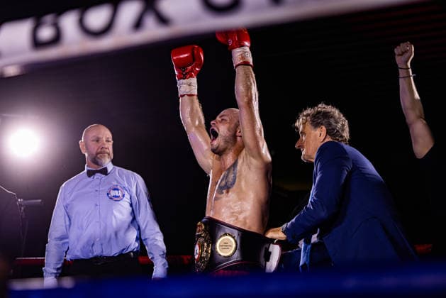 FLENSBURG, GERMANY - JUNE 13: Ferdinand Pilz (Germany) winner by KO during the WBO European Middleweight Title Fight between Ferdinand Pilz (Germany) vs. Flavius Biea (Romania) at Gorzelniaski Halle on June 13, 2026 in Flensburg, Germany. Schleswig-Holstein Germany Copyright: xMarioxM.xKobergx
