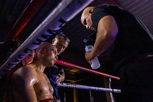 FLENSBURG, GERMANY - JUNE 13: Ferdinand Pilz (Germany) in his corner during the WBO European Middleweight Title Fight between Ferdinand Pilz (Germany) vs. Flavius Biea (Romania) at Gorzelniaski Halle on June 13, 2026 in Flensburg, Germany. Schleswig-Holstein Germany Copyright: xMarioxM.xKobergx