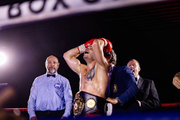 FLENSBURG, GERMANY - JUNE 13: Ferdinand Pilz (Germany) winner by KO during the WBO European Middleweight Title Fight between Ferdinand Pilz (Germany) vs. Flavius Biea (Romania) at Gorzelniaski Halle on June 13, 2026 in Flensburg, Germany. Schleswig-Holstein Germany Copyright: xMarioxM.xKobergx