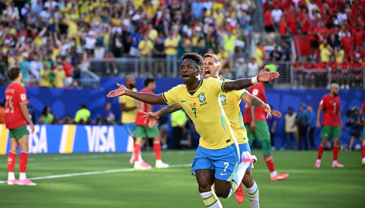 Soccer, Men, FIFA World Cup 2026 in Mexico, Canada and USA, Match in New York New Jersey Group C, 1 Matchday , Brazil Morocco, Vinicius Junior Brazil Cheer Goal 1 1 Vini Jr , 13 06 2026, Copyright: xMatthiasxKochx