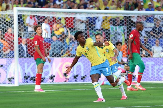 EAST RUTHERFORD 13.06.2026 MISTRZOSTWA SWIATA W PILCE NOZNEJ 2026 GRUPA C MECZ: BRAZYLIA - MAROKO --- 2026 FIFA World Cup, WM, Weltmeisterschaft, Fussball GROUP C MATCH: BRAZIL - MOROCCO VINICIUS JUNIOR BRUNO GUIMARAES FOT. PIOTR KUCZA FOTOPYK NEWSPIX.PL --- newspix.pl 