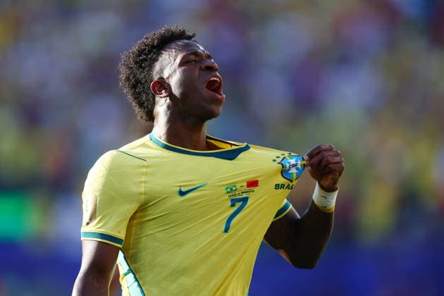 New Jersey, USA, 13th June 2026. Vinicius Junior of Brazil celebrates after scoring to make it 1-1 during the Brazil vs Morocco FIFA World Cup, WM, Weltmeisterschaft, Fussball match at Metlife Stadium, New Jersey. Picture credit should read: Paul Terry Sportimage EDITORIAL USE ONLY. No use with unauthorised audio, video, data, fixture lists, club league logos or live services. Online in-match use limited to 120 images, no video emulation. No use in betting, games or single club league player publications. SPI_055_PT_Brazil_Morocco SPI-4835-0055