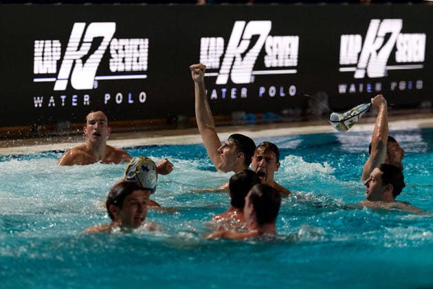 Zodiac CNAB players celebrate after winning the European Aquatics Men™s Water polo, Wasserball Champions League gold‘medal match against Pro Recco at the National Pool, Tal‘Qroqq, Malta, on 13 June 2026. Zodiac CNAB v Pro Recco - Men™s Water Polo Men Champions League 2026 Final; EA_CL_2026_MLT