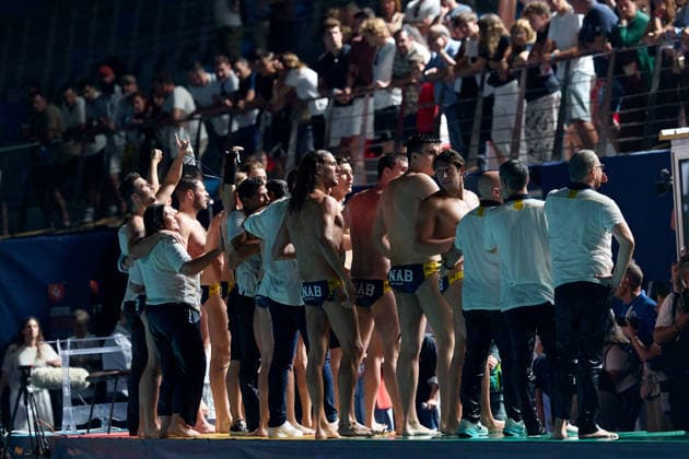 Zodiac CNAB players celebrate after winning the European Aquatics Men™s Water polo, Wasserball Champions League gold‘medal match against Pro Recco at the National Pool, Tal‘Qroqq, Malta, on 13 June 2026. Zodiac CNAB v Pro Recco - Men™s Water Polo Men Champions League 2026 Final; EA_CL_2026_MLT