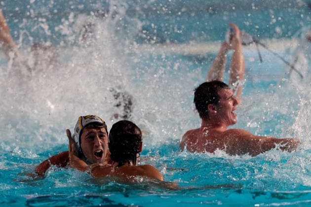 Marc Alls Ferrer (left) of Zodiac CNAB celebrates with a teammate after winning the European Aquatics Men™s Water polo, Wasserball Champions League gold‘medal match against Pro Recco at the National Pool, Tal‘Qroqq, Malta, on 13 June 2026. Zodiac CNAB v Pro Recco - Men™s Water Polo Men Champions League 2026 Final; EA_CL_2026_MLT