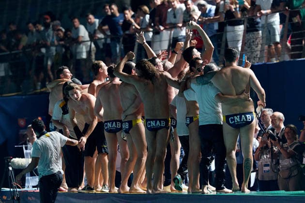 Zodiac CNAB players celebrate after winning the European Aquatics Men™s Water polo, Wasserball Champions League gold‘medal match against Pro Recco at the National Pool, Tal‘Qroqq, Malta, on 13 June 2026. Zodiac CNAB v Pro Recco - Men™s Water Polo Men Champions League 2026 Final; EA_CL_2026_MLT