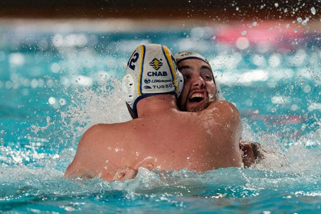 Alejandro Bustos Sanchez (left) of Zodiac CNAB reacts in celebration with a team-mate after winning the European Aquatics Men™s Water polo, Wasserball Champions League gold‘medal match against Pro Recco at the National Pool, Tal‘Qroqq, Malta, on 13 June 2026. Zodiac CNAB v Pro Recco - Men™s Water Polo Men Champions League 2026 Final; EA_CL_2026_MLT