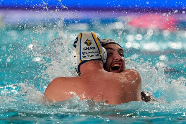 Alejandro Bustos Sanchez (left) of Zodiac CNAB reacts in celebration with a team-mate after winning the European Aquatics Men™s Water polo, Wasserball Champions League gold‘medal match against Pro Recco at the National Pool, Tal‘Qroqq, Malta, on 13 June 2026. Zodiac CNAB v Pro Recco - Men™s Water Polo Men Champions League 2026 Final; EA_CL_2026_MLT