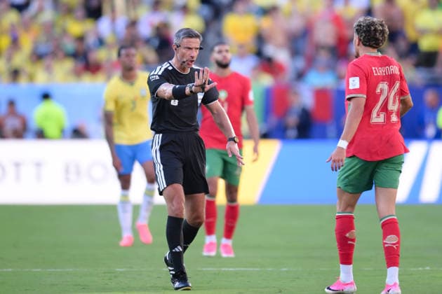 Soccer, World Cup 2026, 20260613, Brazil Morocco Pictured from l Referee Slavko VINCIC Slovenia , Neil EL AYNAOUI Morocco, 24 East Rutherford New York New Jersey Stadium New Jersey United States of America Copyright: Passion2Press MarkusxFischerx