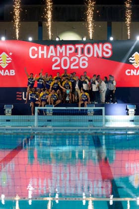 Zodiac CNAB players and staf react in celebration after winning the European Aquatics Men™s Water polo, Wasserball Champions League gold‘medal match against Pro Recco at the National Pool, Tal‘Qroqq, Malta, on 13 June 2026. Zodiac CNAB v Pro Recco - Men™s Water Polo Men Champions League 2026 Final; EA_CL_2026_MLT