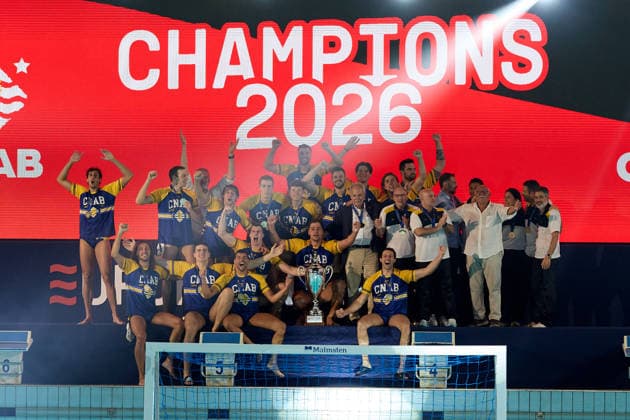 Zodiac CNAB players and staf react in celebration after winning the European Aquatics Men™s Water polo, Wasserball Champions League gold‘medal match against Pro Recco at the National Pool, Tal‘Qroqq, Malta, on 13 June 2026. Zodiac CNAB v Pro Recco - Men™s Water Polo Men Champions League 2026 Final; EA_CL_2026_MLT