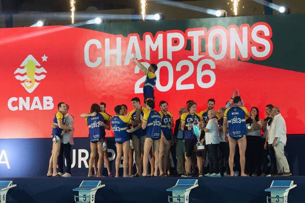 Zodiac CNAB players and staf react in celebration after winning the European Aquatics Men™s Water polo, Wasserball Champions League gold‘medal match against Pro Recco at the National Pool, Tal‘Qroqq, Malta, on 13 June 2026. Zodiac CNAB v Pro Recco - Men™s Water Polo Men Champions League 2026 Final; EA_CL_2026_MLT