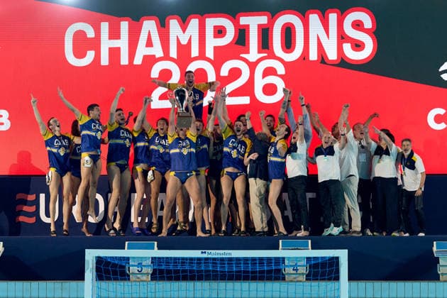 Zodiac CNAB players and staff react in celebration after winning the European Aquatics Men™s Water polo, Wasserball Champions League gold‘medal match against Pro Recco at the National Pool, Tal‘Qroqq, Malta, on 13 June 2026. Zodiac CNAB v Pro Recco - Men™s Water Polo Men Champions League 2026 Final; EA_CL_2026_MLT