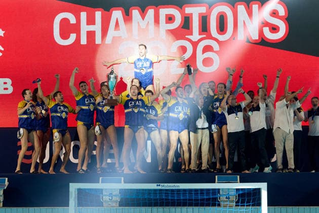 Zodiac CNAB players and staff react in celebration after winning the European Aquatics Men™s Water polo, Wasserball Champions League gold‘medal match against Pro Recco at the National Pool, Tal‘Qroqq, Malta, on 13 June 2026. Zodiac CNAB v Pro Recco - Men™s Water Polo Men Champions League 2026 Final; EA_CL_2026_MLT