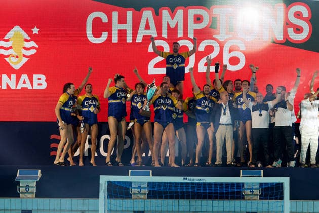 Zodiac CNAB players and staff react in celebration after winning the European Aquatics Men™s Water polo, Wasserball Champions League gold‘medal match against Pro Recco at the National Pool, Tal‘Qroqq, Malta, on 13 June 2026. Zodiac CNAB v Pro Recco - Men™s Water Polo Men Champions League 2026 Final; EA_CL_2026_MLT