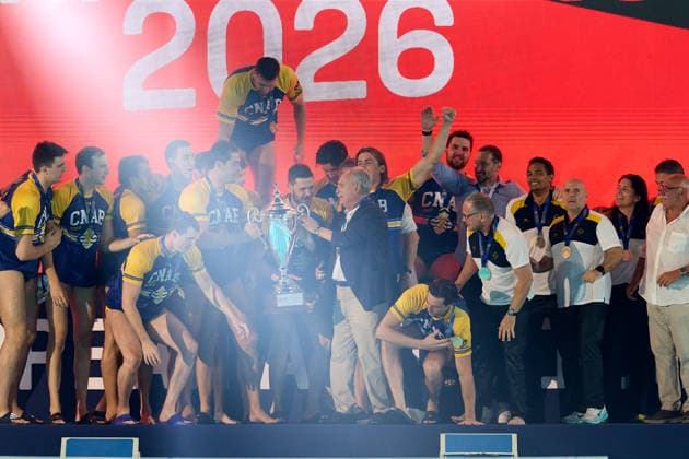 Zodiac CNAB players and staff react in celebration after winning the European Aquatics Men™s Water polo, Wasserball Champions League gold‘medal match against Pro Recco at the National Pool, Tal‘Qroqq, Malta, on 13 June 2026. Zodiac CNAB v Pro Recco - Men™s Water Polo Men Champions League 2026 Final; EA_CL_2026_MLT