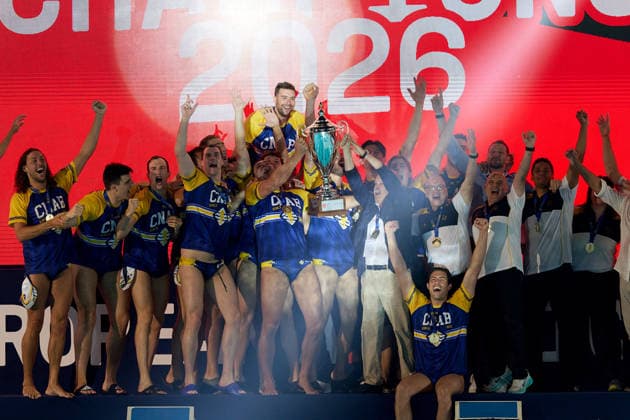 Zodiac CNAB players and staff react in celebration after winning the European Aquatics Men™s Water polo, Wasserball Champions League gold‘medal match against Pro Recco at the National Pool, Tal‘Qroqq, Malta, on 13 June 2026. Zodiac CNAB v Pro Recco - Men™s Water Polo Men Champions League 2026 Final; EA_CL_2026_MLT