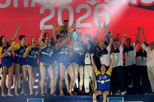 Zodiac CNAB players and staff react in celebration after winning the European Aquatics Men™s Water polo, Wasserball Champions League gold‘medal match against Pro Recco at the National Pool, Tal‘Qroqq, Malta, on 13 June 2026. Zodiac CNAB v Pro Recco - Men™s Water Polo Men Champions League 2026 Final; EA_CL_2026_MLT