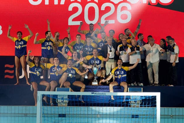 Zodiac CNAB players and staff react in celebration after winning the European Aquatics Men™s Water polo, Wasserball Champions League gold‘medal match against Pro Recco at the National Pool, Tal‘Qroqq, Malta, on 13 June 2026. Zodiac CNAB v Pro Recco - Men™s Water Polo Men Champions League 2026 Final; EA_CL_2026_MLT